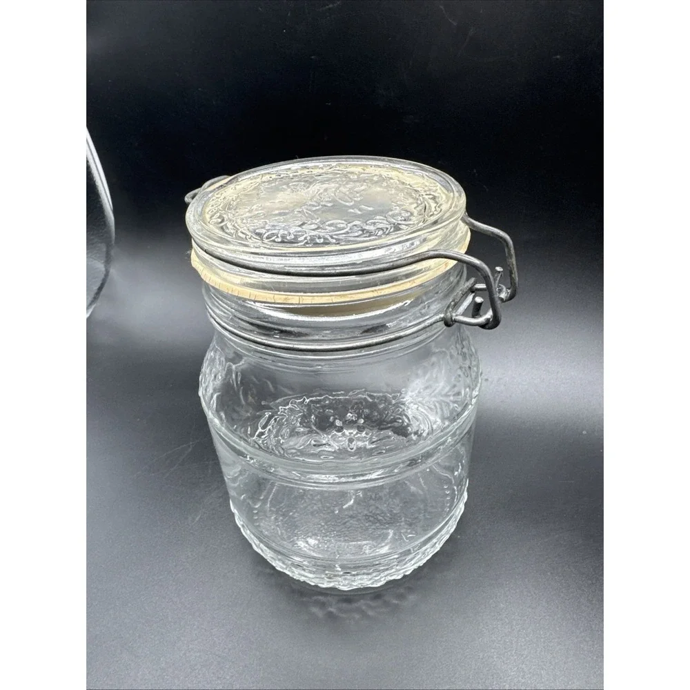Vintage 70s Floral Cove Glass Jar Wire Latch Canister 1 Liter / Quart 6.5